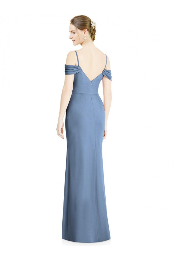 Site de Comprimento Chão Ombro Frio Chiffon Azul Empoeirado Linha A Vestidos de Madrinha / Vestidos de Noite