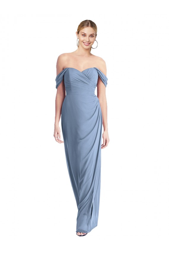 Site de Comprimento Chão Sem Mangas Chiffon Azul Empoeirado Sereia Vestidos de Madrinha