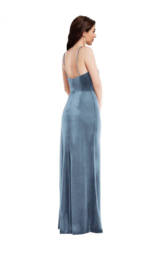 Site de Comprimento Chão Sem Mangas Veludo Elástico Azul Empoeirado Trombeta Vestidos de Madrinha / Vestidos de Noite / Vestidos de Festa