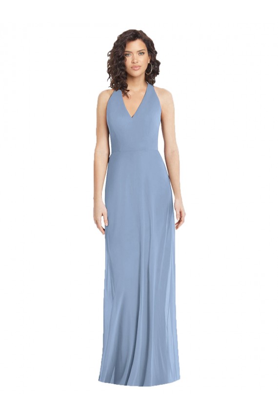 Site de Comprimento Chão Sem Mangas Chiffon Azul Empoeirado Trombeta Vestidos de Madrinha / Vestidos de Noite