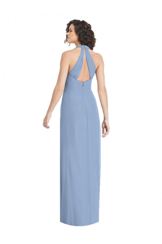 Site de Comprimento Chão Sem Mangas Chiffon Azul Empoeirado Trombeta Vestidos de Madrinha / Vestidos de Noite