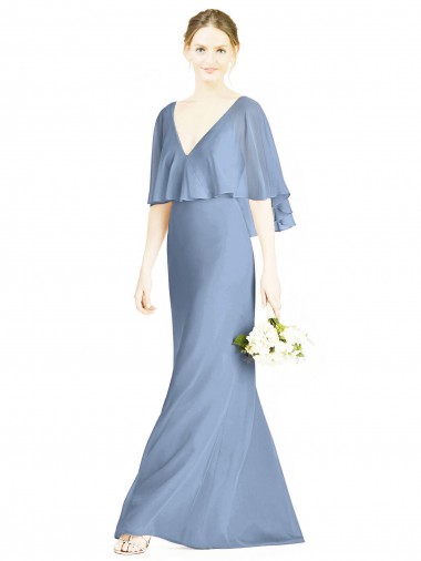 Site de Comprimento Chão Sem Mangas Chiffon Azul Empoeirado Trombeta Vestidos de Madrinha