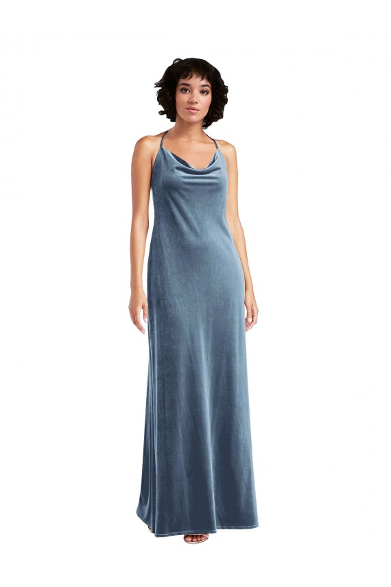 Site de Comprimento Chão Sem Mangas Veludo Elástico Azul Empoeirado Bainha Sem Mangas Longo Decote Capuz Vestidos de Madrinha / Vestidos de Festa