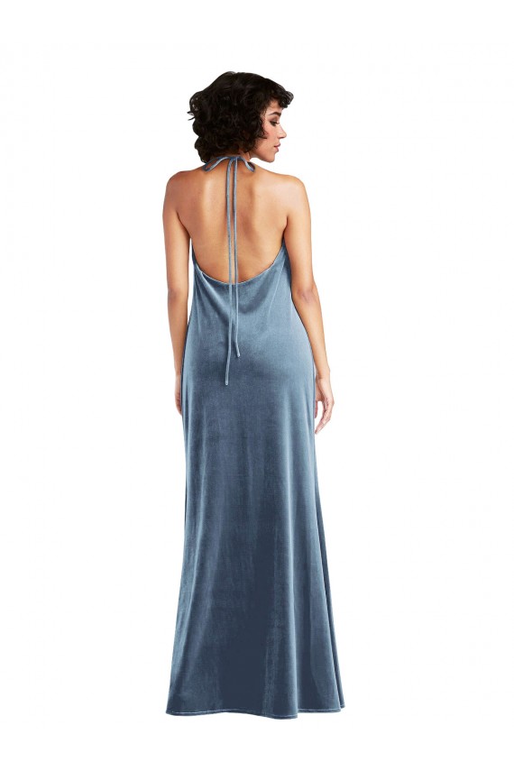 Site de Comprimento Chão Sem Mangas Veludo Elástico Azul Empoeirado Bainha Sem Mangas Longo Decote Capuz Vestidos de Madrinha / Vestidos de Festa