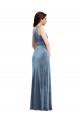 Site de Comprimento Chão Sem Mangas Veludo Elástico Azul Empoeirado Linha A Sem Mangas Fora do Ombro Vestidos de Madrinha / Vestidos de Festa
