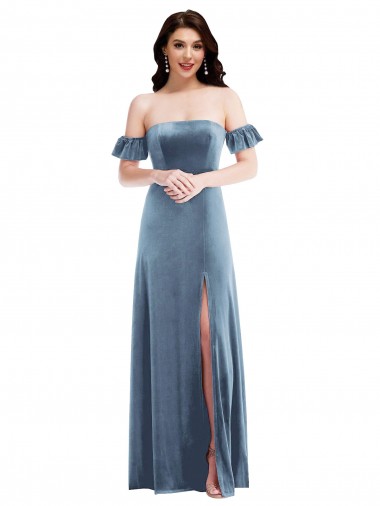 Site de Comprimento Chão Mangas Folhos Veludo Elástico Azul Empoeirado Linha A Vestidos de Madrinha / Vestidos de Festa