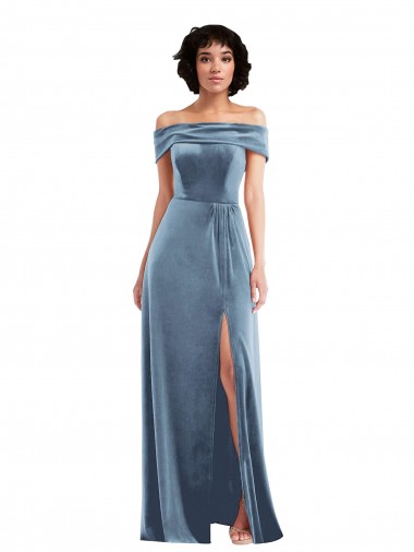 Site de Comprimento Chão Sem Mangas Veludo Elástico Azul Empoeirado Linha A Sem Mangas Longo Fora do Ombro Vestidos de Madrinha / Vestidos de Festa