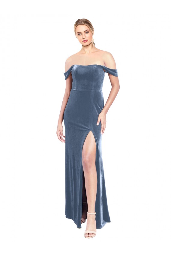 Site de Comprimento Chão Sem Mangas Veludo Elástico Azul Empoeirado Linha A Sem Mangas Sem alças Vestidos de Madrinha / Vestidos de Festa