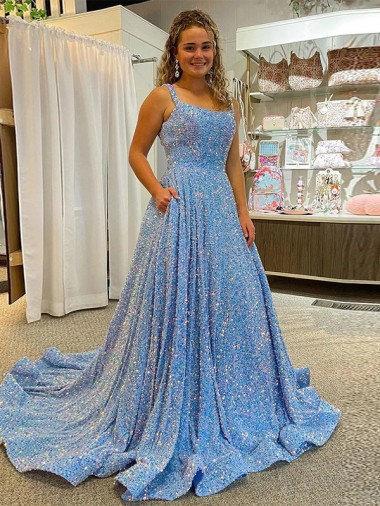 Site de Comboio Corte Sem Mangas Lantejoulas Veludo Azul Linha A Vestidos de Festa