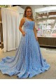 Site de Comboio Corte Sem Mangas Lantejoulas Veludo Azul Linha A Vestidos de Festa