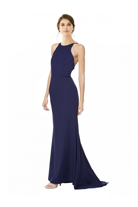 Site de Comprimento Chão Sem Mangas Crepe Esticado Azul Marinho Sereia Sem Mangas Cabeçada Vestidos de Madrinha / Vestidos de Noite / Vestidos de Festa