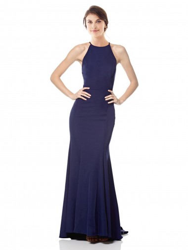Site de Comprimento Chão Sem Mangas Crepe Esticado Azul Marinho Sereia Vestidos de Madrinha / Vestidos de Noite / Vestidos de Festa