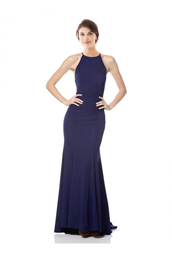 Site de Comprimento Chão Sem Mangas Crepe Esticado Azul Marinho Sereia Vestidos de Madrinha / Vestidos de Noite / Vestidos de Festa