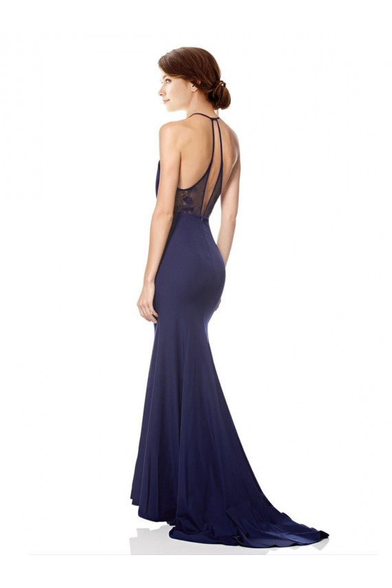 Site de Comprimento Chão Sem Mangas Crepe Esticado Azul Marinho Sereia Vestidos de Madrinha / Vestidos de Noite / Vestidos de Festa