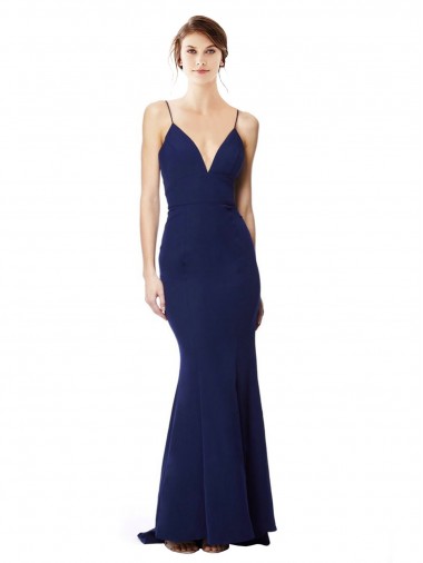 Site de Comprimento Chão Sem Mangas Crepe Esticado Azul Marinho Sereia Sem Mangas Alças finas Vestidos de Madrinha / Vestidos de Noite / Vestidos de Festa