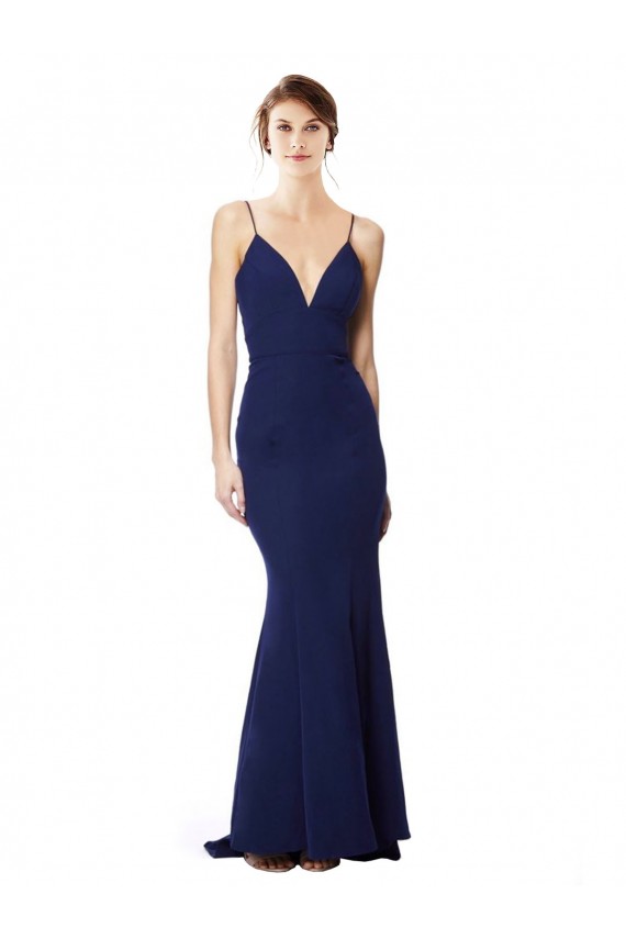Site de Comprimento Chão Sem Mangas Crepe Esticado Azul Marinho Sereia Sem Mangas Alças finas Vestidos de Madrinha / Vestidos de Noite / Vestidos de Festa