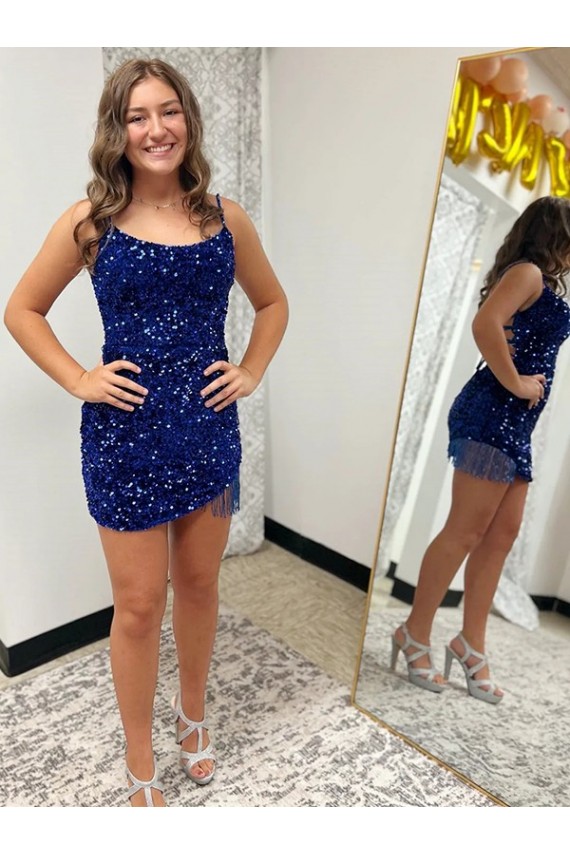 Site de Curto Sem Mangas Lantejoulas Veludo Azul Real Bainha Sem Mangas Alças finas Vestidos de Festa