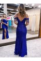 Site de Comprimento Chão Sem Mangas Lantejoulas Veludo Azul Real Bainha Vestidos de Festa