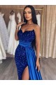 Site de Comboio Varredela Sem Mangas Lantejoulas Veludo Azul Real Bainha Sem Mangas Amor Vestidos de Festa