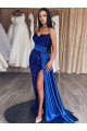 Site de Comboio Varredela Sem Mangas Lantejoulas Veludo Azul Real Bainha Sem Mangas Amor Vestidos de Festa