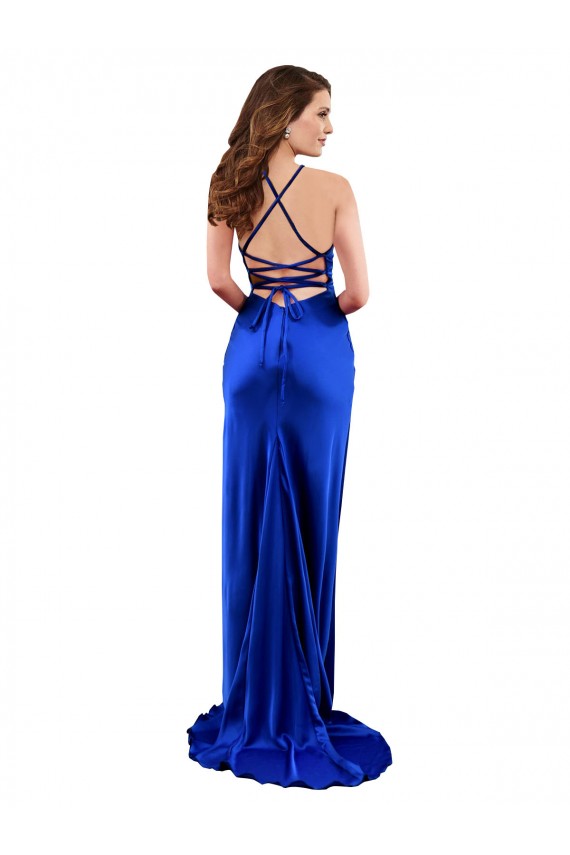 Site de Comprimento Chão Sem Mangas Cetim Sedoso Azul Real Bainha Vestidos de Madrinha / Vestidos de Noite / Vestidos de Festa