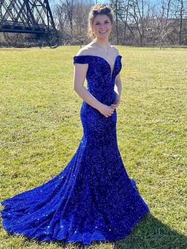 Site de Comboio Varredela Sem Mangas Lantejoulas Veludo Azul Real Bainha Vestidos de Festa