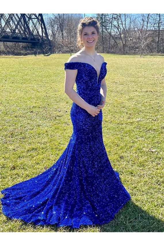 Site de Comboio Varredela Sem Mangas Lantejoulas Veludo Azul Real Bainha Vestidos de Festa