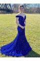 Site de Comboio Varredela Sem Mangas Lantejoulas Veludo Azul Real Bainha Vestidos de Festa