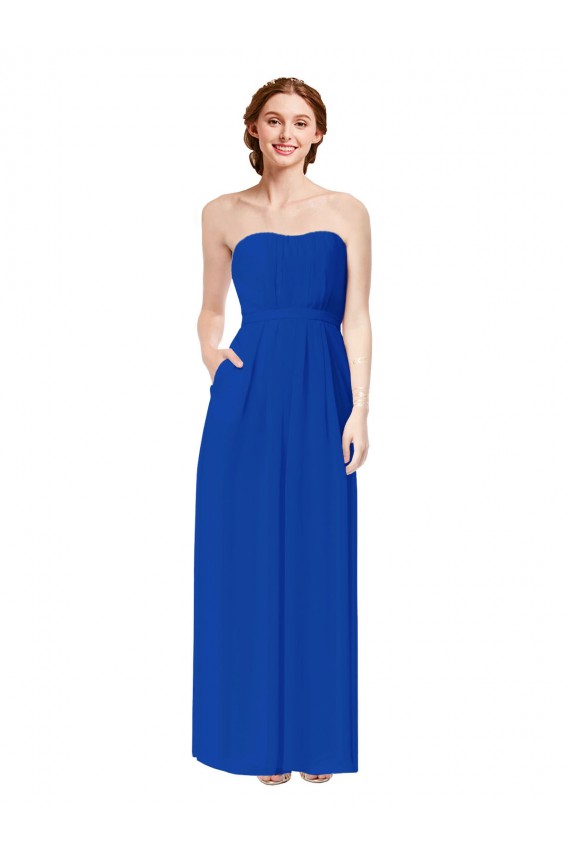 Site de Comprimento Chão Sem Mangas Chiffon Azul Real Bainha Sem Mangas Vestidos de Madrinha