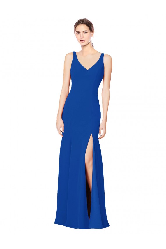 Site de Comprimento Chão Sem Mangas Chiffon Azul Real Bainha Vestidos de Madrinha