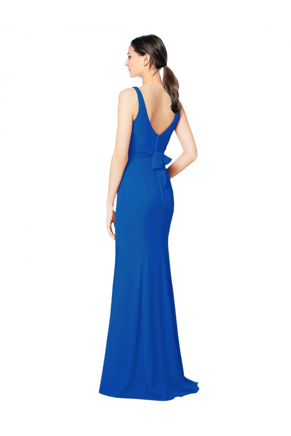 Site de Comprimento Chão Sem Mangas Chiffon Azul Real Bainha Vestidos de Madrinha