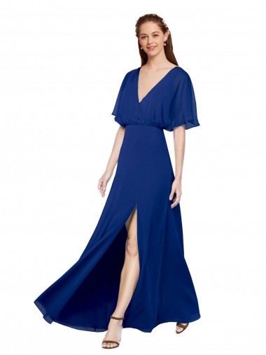 Site de Comprimento Chão Mangas Esvoaçantes Chiffon Azul Real Linha A Vestidos de Madrinha