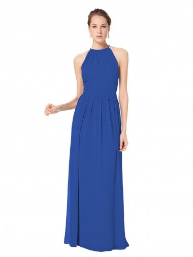 Site de Comprimento Chão Sem Mangas Chiffon Azul Real Linha A Sem Mangas Cabeçada Longo Buraco da fechadura Vestidos de Madrinha