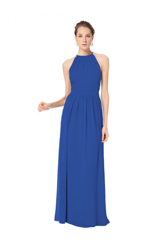 Site de Comprimento Chão Sem Mangas Chiffon Azul Real Linha A Sem Mangas Cabeçada Longo Buraco da fechadura Vestidos de Madrinha