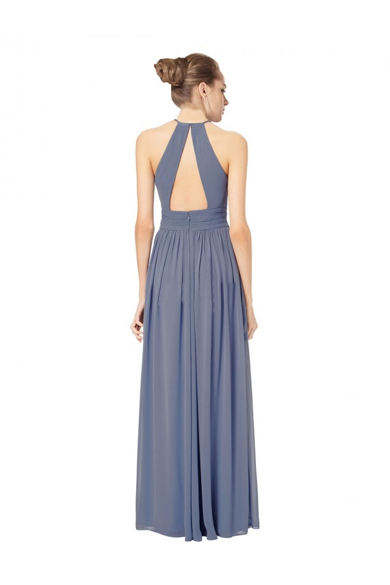 Site de Comprimento Chão Sem Mangas Chiffon Azul Real Linha A Sem Mangas Cabeçada Longo Buraco da fechadura Vestidos de Madrinha