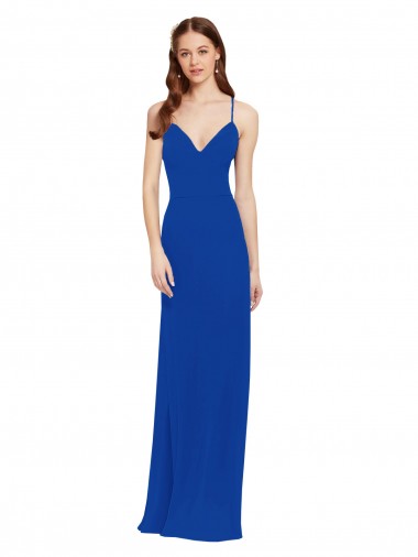 Site de Comprimento Chão Sem Mangas Chiffon Azul Real Linha A Sem Mangas Decote V Longo Buraco da fechadura Vestidos de Madrinha