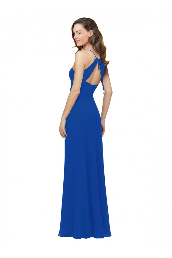 Site de Comprimento Chão Sem Mangas Chiffon Azul Real Linha A Sem Mangas Decote V Longo Buraco da fechadura Vestidos de Madrinha