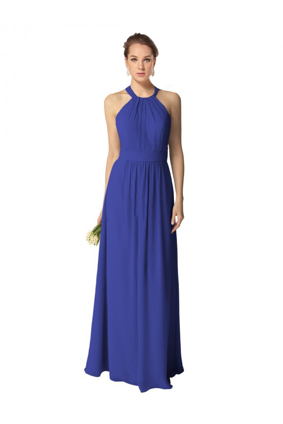Site de Comprimento Chão Sem Mangas Chiffon Azul Real Linha A Sem Mangas Cabeçada Vestidos de Madrinha