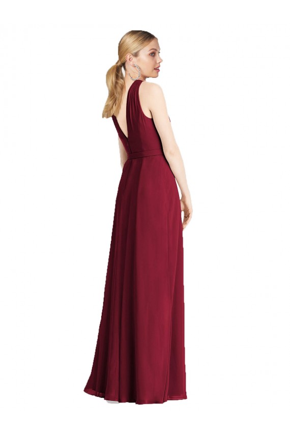 Site de Comprimento Chão Sem Mangas Chiffon Azul Real Linha A Sem Mangas Cabeçada Longo Costas em V Vestidos de Madrinha