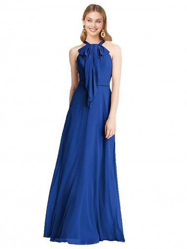 Site de Comprimento Chão Sem Mangas Chiffon Azul Real Linha A Sem Mangas Cabeçada Longo Costas em V Vestidos de Madrinha