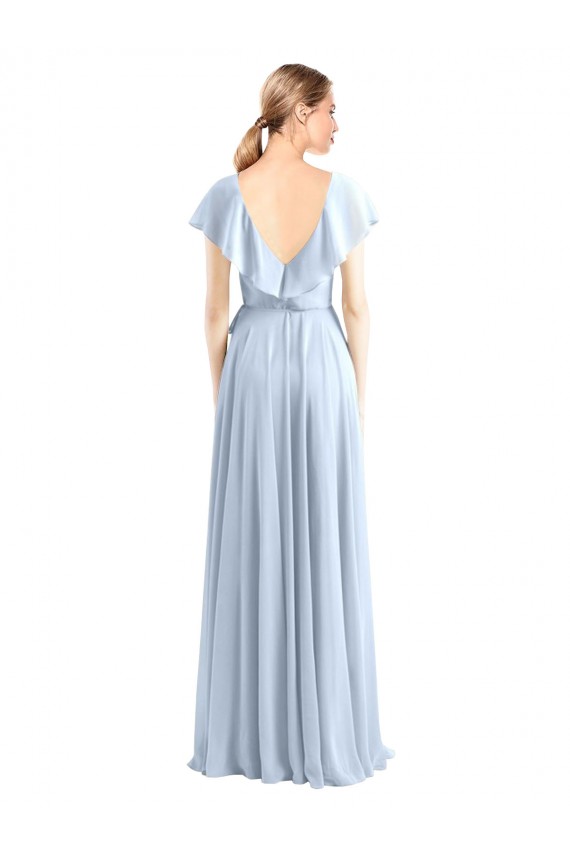 Site de Comprimento Chão Mangas Esvoaçantes Chiffon Azul Real Linha A Mangas Esvoaçantes Decote V Vestidos de Madrinha