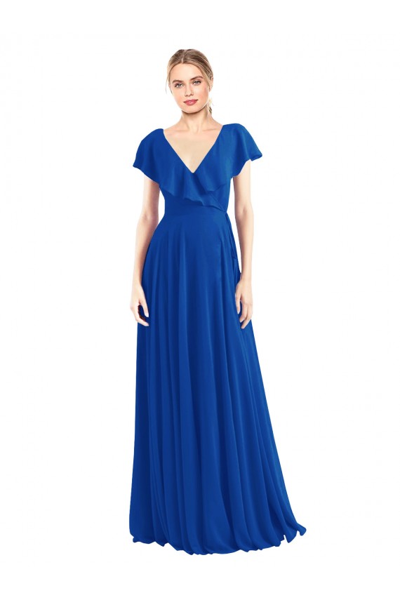 Site de Comprimento Chão Mangas Esvoaçantes Chiffon Azul Real Linha A Mangas Esvoaçantes Decote V Vestidos de Madrinha