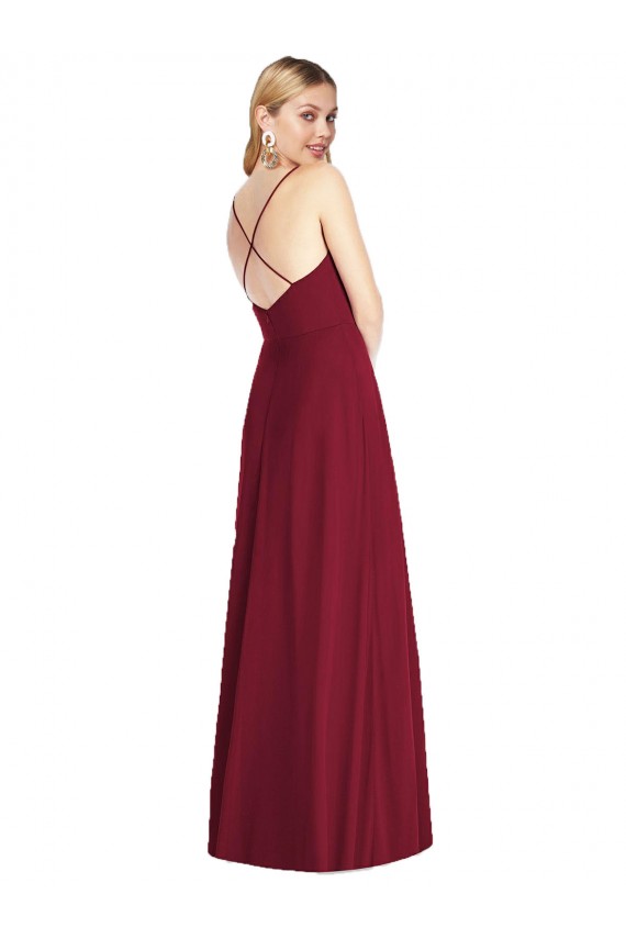 Site de Comprimento Chão Sem Mangas Chiffon Azul Real Linha A Sem Mangas Decote V Longo Criss Cruz Vestidos de Madrinha