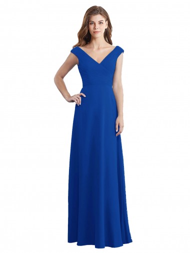 Site de Comprimento Chão Sem Mangas Chiffon Azul Real Linha A Sem Mangas Longo Decote V Vestidos de Madrinha