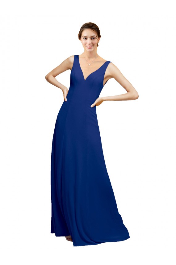 Site de Comprimento Chão Sem Mangas Chiffon Azul Real Linha A Sem Mangas Decote V Longo Lombar Vestidos de Madrinha