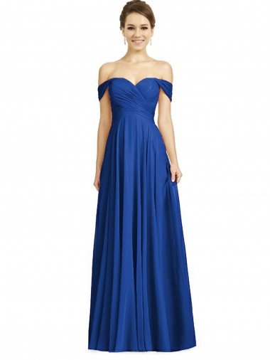 Site de Comprimento Chão Mangas Curtas Chiffon Azul Real Linha A Vestidos de Madrinha