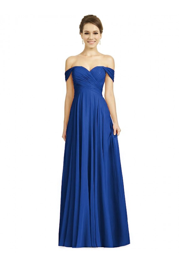 Site de Comprimento Chão Mangas Curtas Chiffon Azul Real Linha A Vestidos de Madrinha