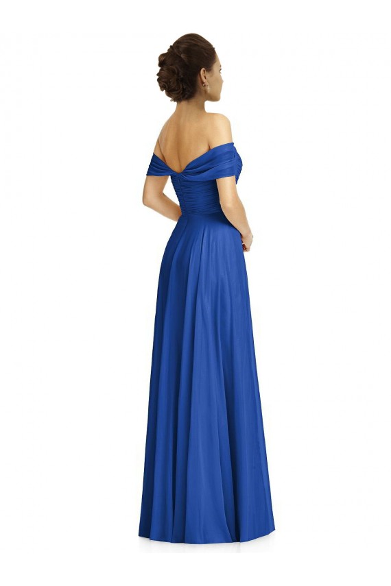 Site de Comprimento Chão Mangas Curtas Chiffon Azul Real Linha A Vestidos de Madrinha