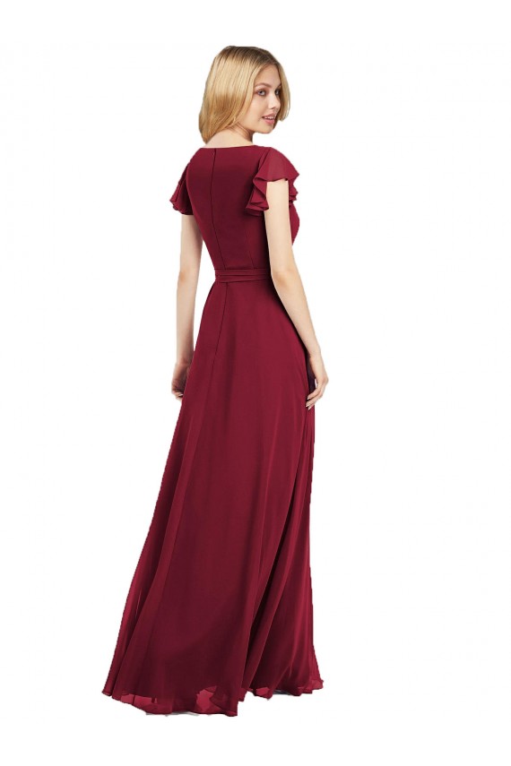 Site de Comprimento Chão Mangas Esvoaçantes Chiffon Azul Real Linha A Mangas Esvoaçantes Longo Decote V Vestidos de Madrinha