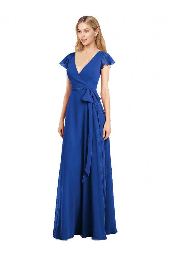 Site de Comprimento Chão Mangas Esvoaçantes Chiffon Azul Real Linha A Mangas Esvoaçantes Longo Decote V Vestidos de Madrinha